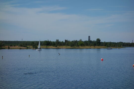 Blick vom Ostufer des Cospudener Sees zum Aussichtsturm auf der Bistumshöhe über dem Südufer.