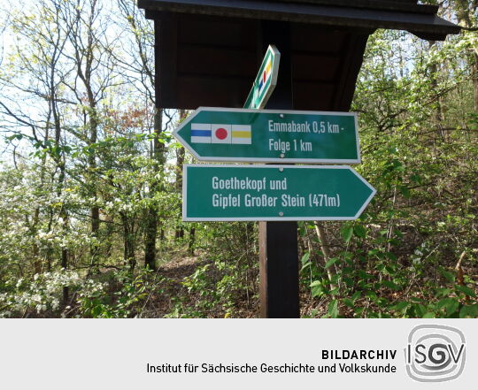 Wegweiser am Aufstieg zum Großen Stein bei Spitzkunnersdorf.