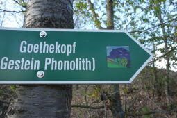 Wegweiser zum sogenannten Goethekopf, dem Nebengipfel des Großen Steins bei Spitzkunnersdorf.