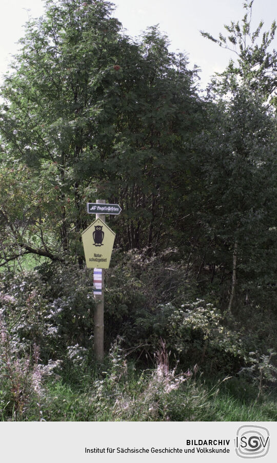 Wegweiser zum Aussichtspunkt Vogeltoffelfelsen bei Ansprung im Erzgebirge.
