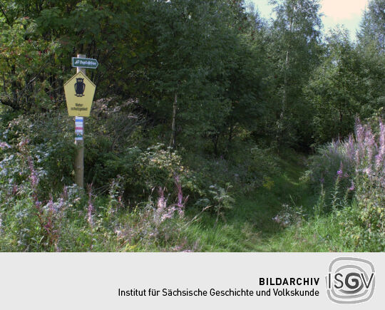 Wegweiser zum Aussichtspunkt Vogeltoffelfelsen bei Ansprung im Erzgebirge.