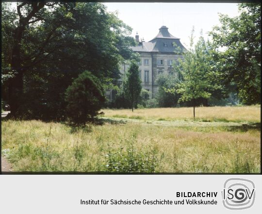 Blick durch die Parkanlagen zum Japanischen PAlais in Dresden.