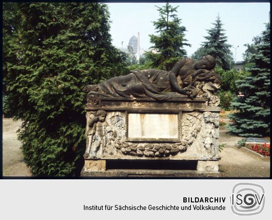 Blick über das Grab von Caroline Pettrich (geb. Dittrich, gest. 1803) auf dem katholischen Friedhof Dresden-Friedrichstadt in Richtung der Bienertschen Hafenmühle.