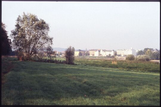 Blick vom Ostragehege in Dresden über die Elbe nach Pieschen