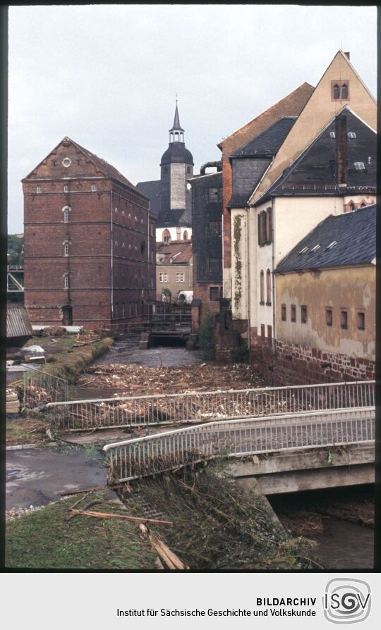 Blick auf den Mühlgraben und die Schlossmühle in Rochlitz mit den Überresten eines Hochwassers.