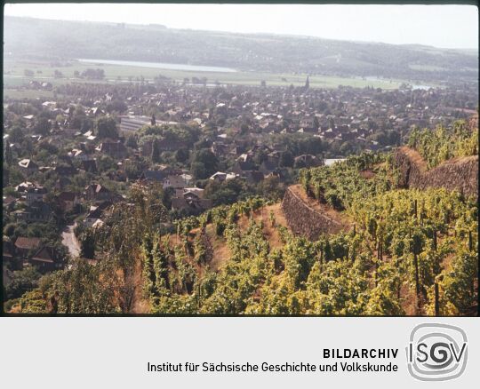 Blick von den Weinbergen auf Radebeul, die Elbe und zum Pumpspeicherkraftwerk Niederwartha