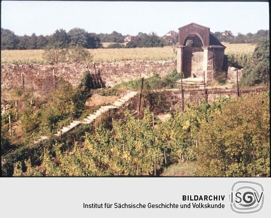 Blick zur Weinbergkapelle am Ende der Spitzhaustreppe in Radebeul.