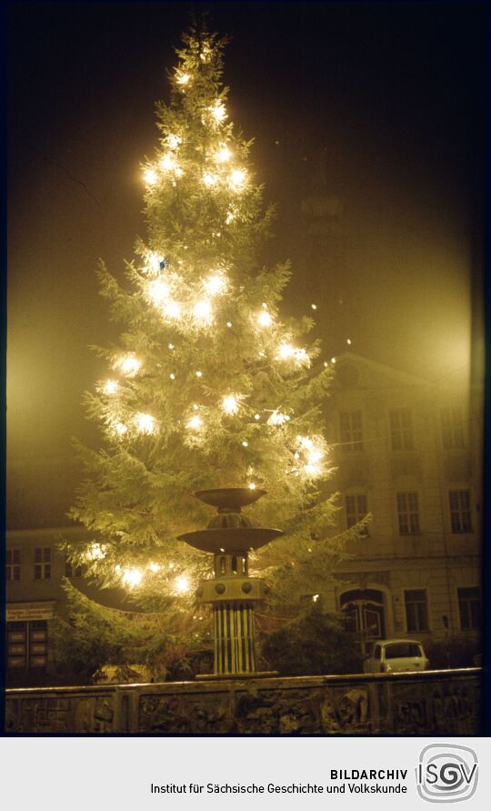 Beleuchteter Weihnachtsbaum auf dem Radeberger Markt. Vor dem Baum ist der Brunnen, dahinter das Rathaus zu sehen.