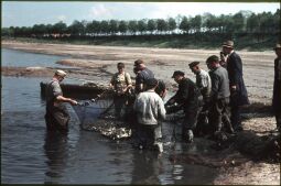 Bild: Fischer beim Einholen von Netzen während des Abfischens im Becken des Pumpspeicherkraftwerkes Niederwartha
