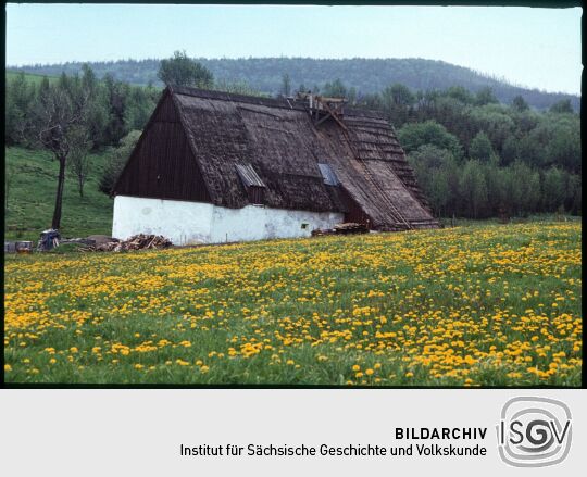 Bauernhof mit Srohdeckung und verbrettertem Giebel in Fürstenau 1982