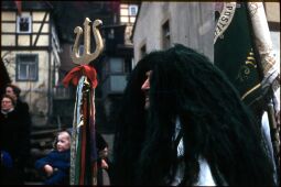 Bild: Umzug der Schifferfastnacht in Postelwitz 1959: Teilnehmer mit Perücke und Dreizack (Neptun?)