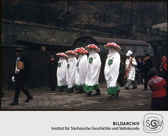 Umzug der Schifferfastnacht in Postelwitz 1959: Teilnehmer in Pilzverkleidung, auf der Vorderseite mir Kleeblättern und Zahlen, auf der Rückseite sthet 'LOTTO'