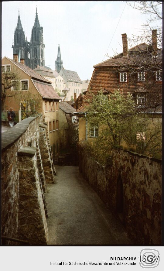 Blick über die Meißner Altstadt Meißen zu den Türmen des Meißner Doms, 1987