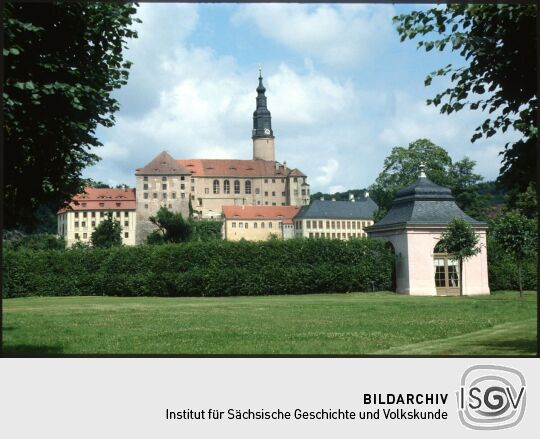 Blick durch den Park zum Schloss Weesenstein 1992