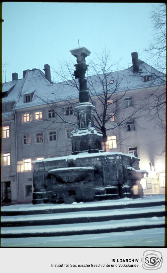 Brunnen auf dem Platz hinter der Dreikönigskirche  im Winter.