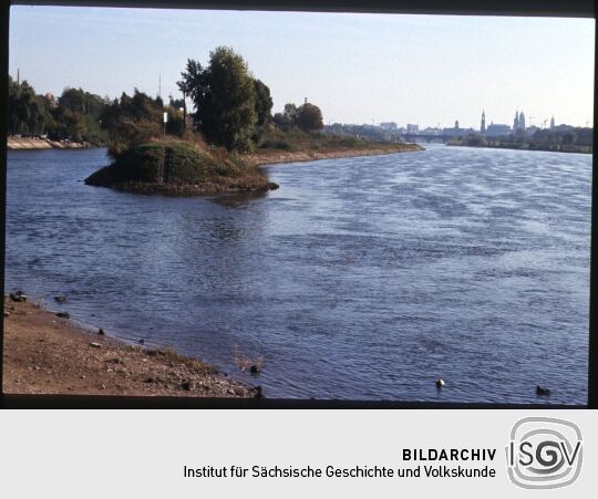 Pieschner Hafen vor der Silhouette der Dresdner Altstadt
