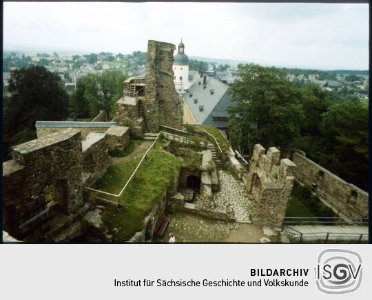 Blick vom Turm 'Dicker Merten' auf Burg und Schloss Frauenstein