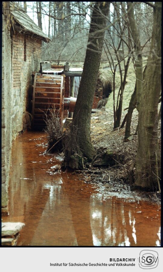 Blick zum Wasserrad der Schoutschick-Mühle in Wittichenau
