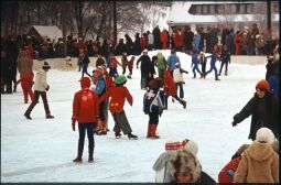 Bild: Zum Teil verkleidete Eisläufer auf der Eisbahn in Geising