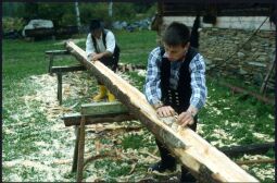 Bild: Zimmerleute beim Hobeln eines Baumstammes in Landwüst