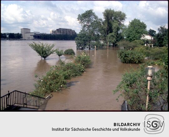 Blick von der Augustusbrücke in die überflutete Gartenanlage hinter dem Blockhaus. Im Hintergrund sind der Landtag und der Erlweinspeicher zu sehen