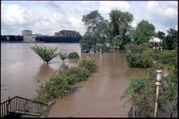 Bild: Blick von der Augustusbrücke in die überflutete Gartenanlage hinter dem Blockhaus. Im Hintergrund sind der Landtag und der Erlweinspeicher zu sehen
