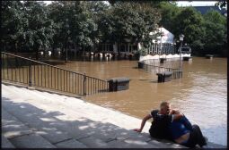 Bild: Blick zum überfluteten Biergarten 'Narrenhäusl' neben der Augustusbrücke während des Elbhochwassers in Dresden