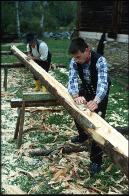 Bild: Zimmerleute beim Hobeln eines Baumstammes in Landwüst