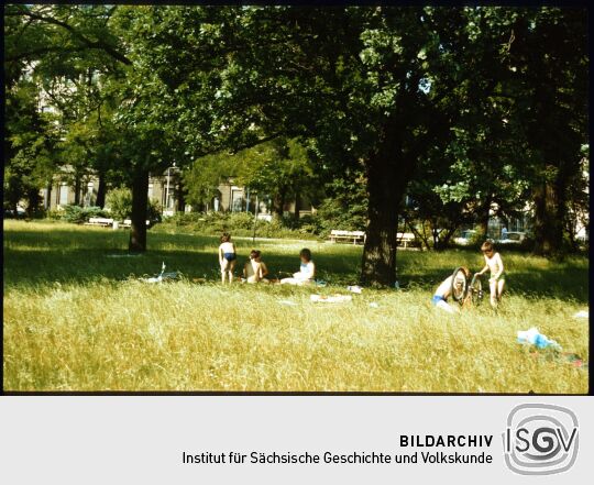 Kinder in einer Wiese am Kar-Marx-Platz (seit 1991 Palaisplatz)