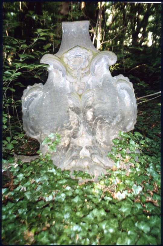 Grabstein mit Rokokokartuschen auf dem efeuüberwuchertem Eliasfriedhof in Dresden